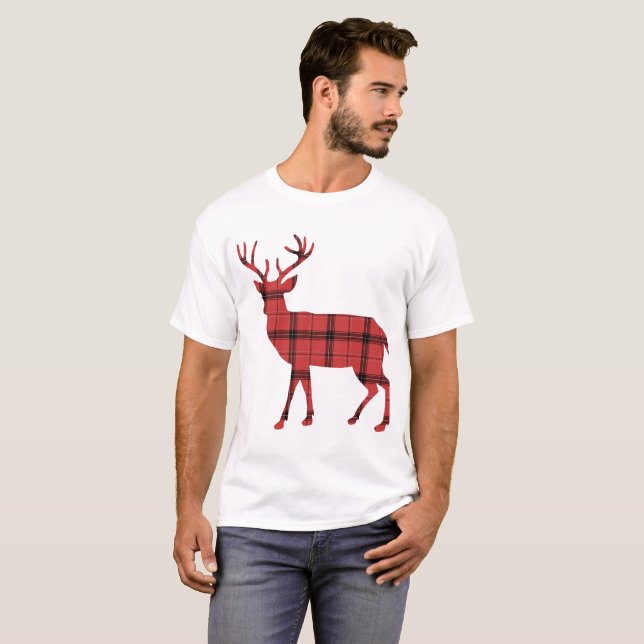 Rustic Deer Silhouette Red Plaid Check Tartan T-Shirt (Front Full)