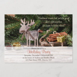 Rustic Deer Sleigh Christmas Holiday Party Invitation