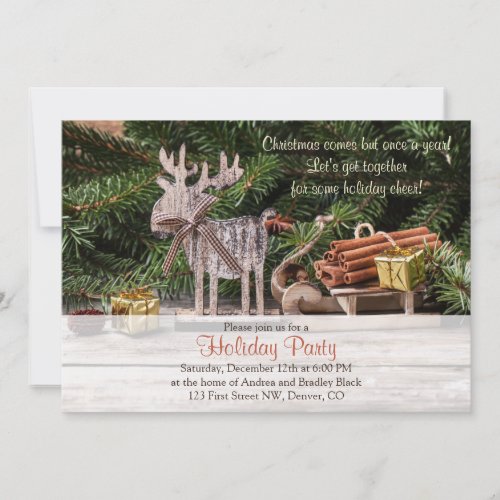 Rustic Deer Sleigh Christmas Holiday Party Invitation