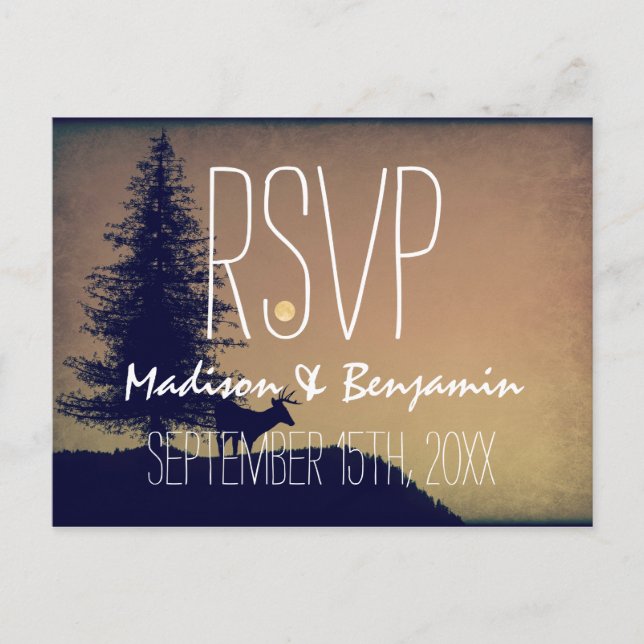 Rustic Deer Tree Wedding RSVP POSTCARDS (Front)