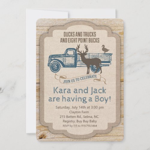 Rustic Deer Truck Boy Baby Shower Invitation