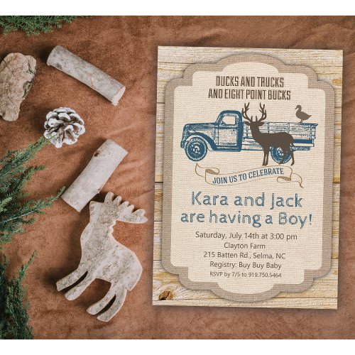Rustic Deer Truck Boy Baby Shower Invitation
