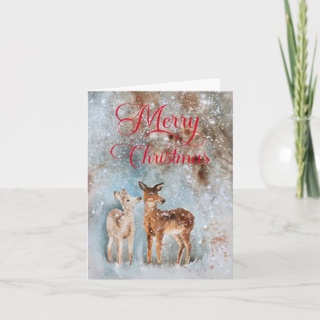 Rustic Deer Watercolor Merry Christmas Holiday Card (Front)