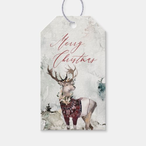 Rustic Deer Watercolor Snow Scene Christmas Gift Tags