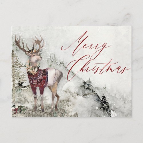 Rustic Deer Winter Snow Scene Christmas Postcard
