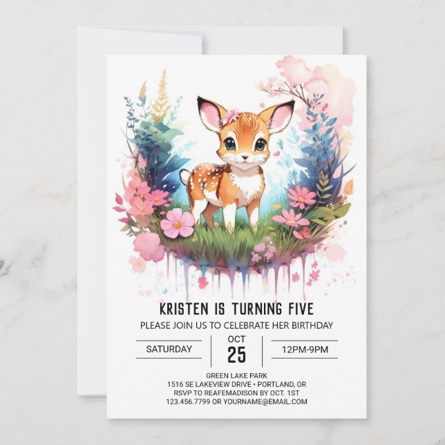 Rustic Deer Woodland Joy Girl Birthday Invitation (Front)