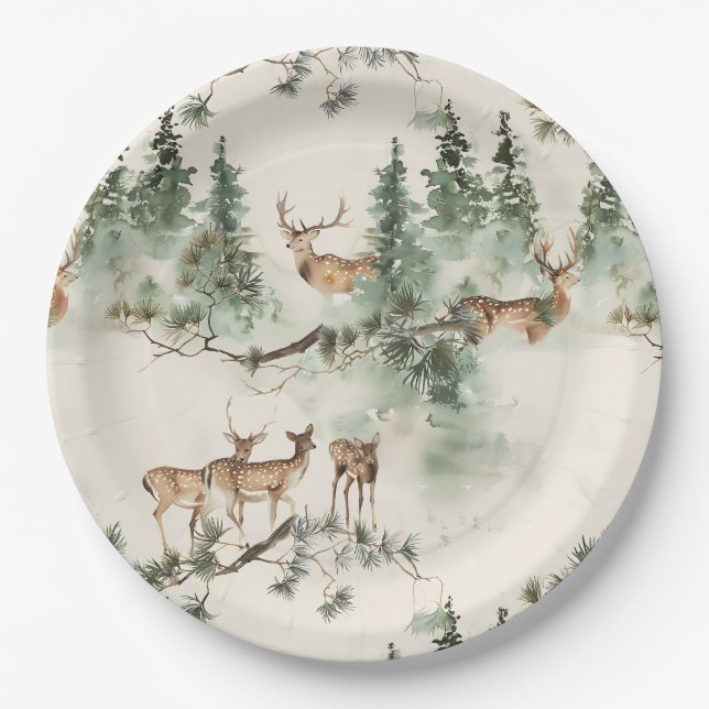 Rustic deers and conifers  paper plates (Front)