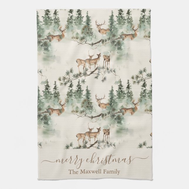 Rustic deers merry christmas family name kitchen towel (Vertical)