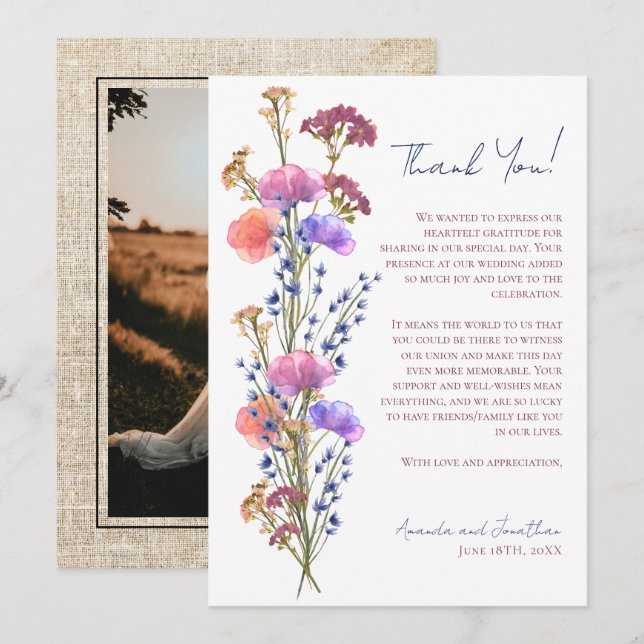 Rustic Delicate Acrylic Floral Photo Thank You  Note Card (Front/Back)