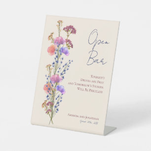 Rustic Delicate Beige Floral Wedding Open Bar Pedestal Sign