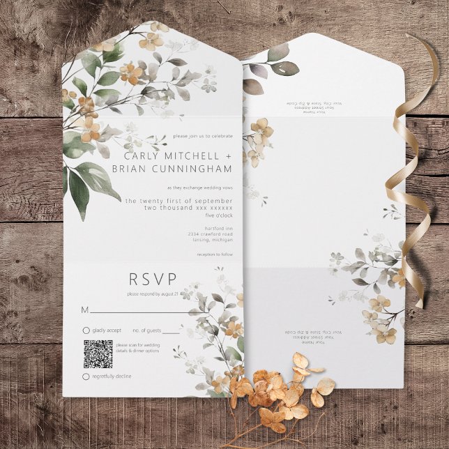 Rustic Delicate Tan Fall Wildflowers QR Code All In One Invitation (Rustic Delicate Tan Fall Wildflowers All In One Wedding Invitation with QR Code)