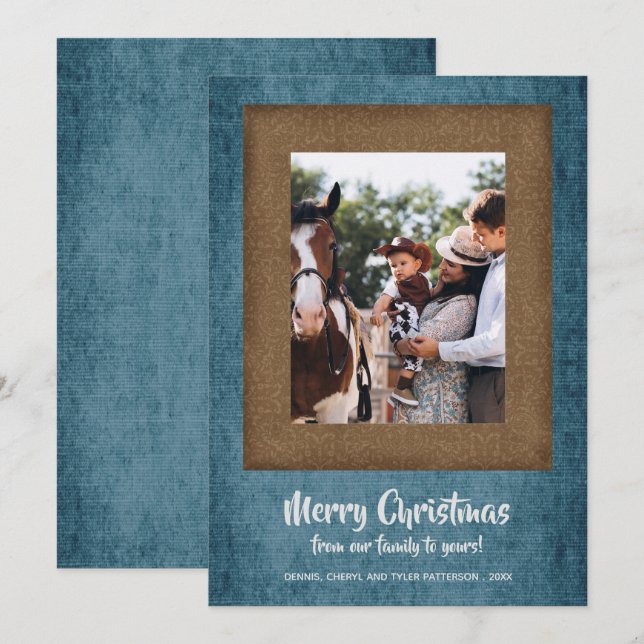 Rustic Denim and Brown Damask Christmas Photo Holiday Card (Front/Back)