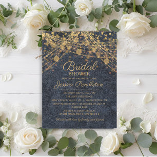Rustic Denim Blue Gold String Lights Bridal Shower Invitation