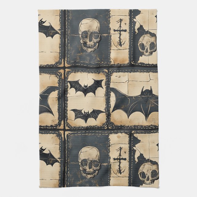 Rustic Denim Halloween Patchwork Pattern Kitchen Towel (Vertical)
