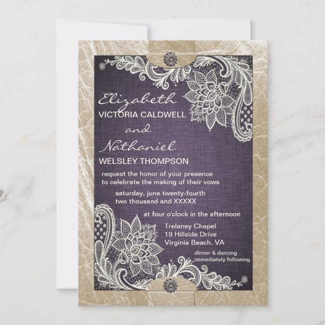 Rustic Denim Lace & Leather Wedding Invitation (Front)