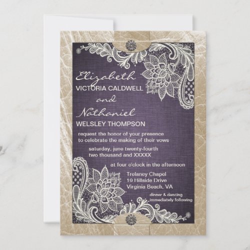 Rustic Denim Lace  Leather Wedding Invitation