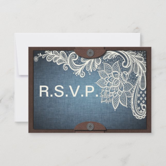 Rustic Denim, Lace & Leather Wedding RSVP Card (Front)