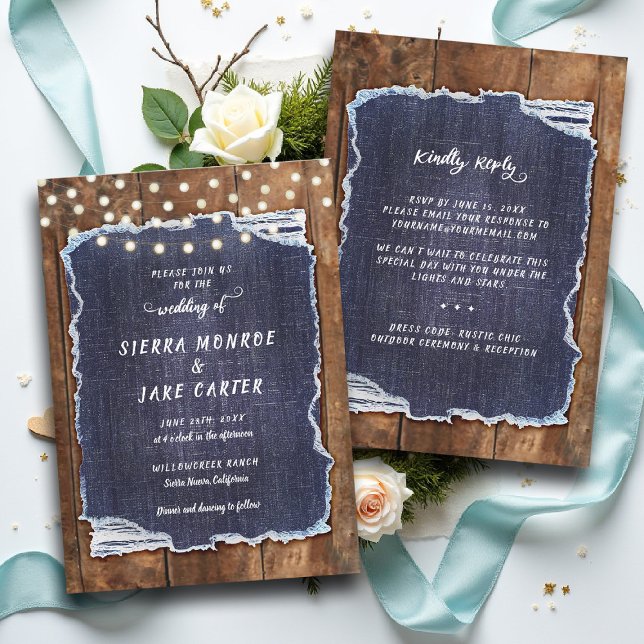 Rustic Denim Lights Country Cowboy RSVP Wedding Invitation (cowboy wedding invitation rsvp details country chic denim rustic barn lights backyard outdoors)