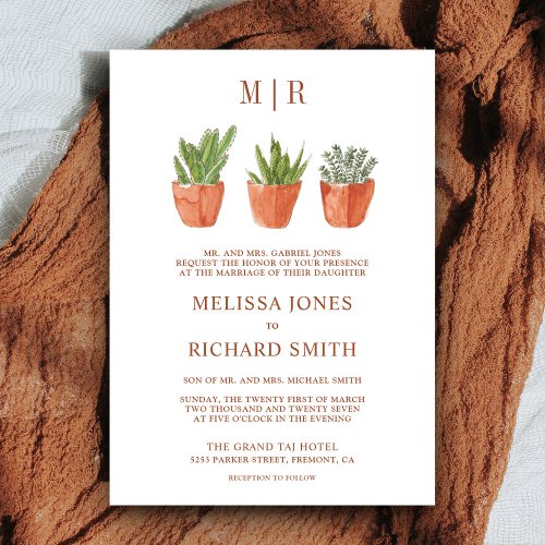 Rustic Desert Cactus Terracotta Pots Wedding Invitation