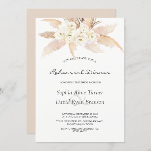 Rustic Desert Roses Pampas Grass Rehearsal Dinner Invitation