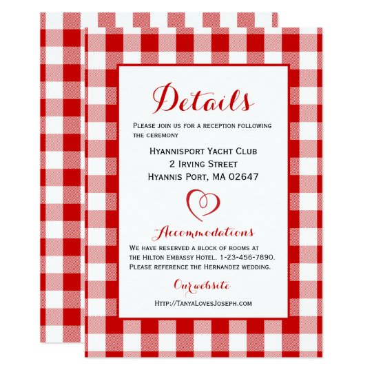 Rustic Details Directions Gingham Red White Checks Invitation