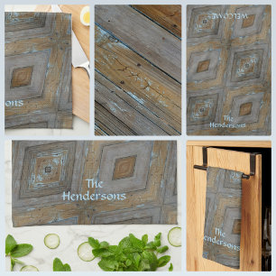 Rustic Diamond Pattern Aged Wood Brown Blue Kitchen Towel