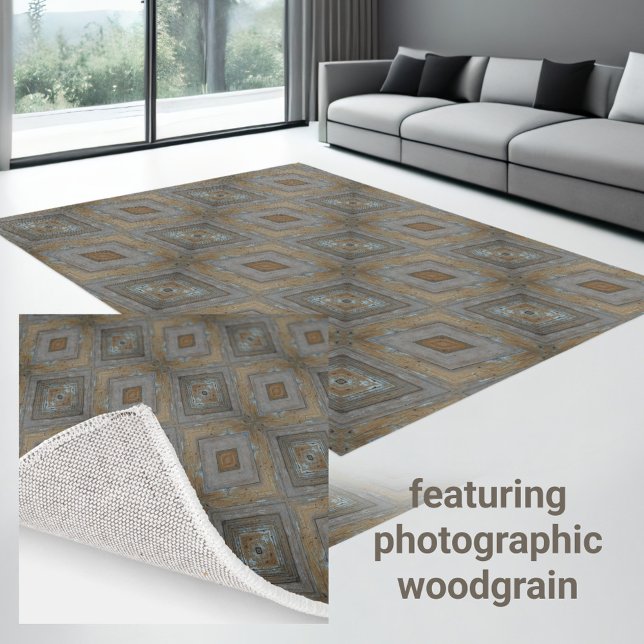 Rustic Diamond Pattern Aged Woodgrain Brown Blue Rug (Creator Uploaded)