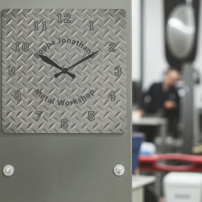 Rustic Diamond Plate Faux Metal Lug Pattern Custom Square Wall Clock (diamond plate design template square wall clock)