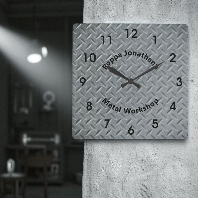 Rustic Diamond Plate Faux Metal Lug Pattern Custom Square Wall Clock (Diamond plate design wall clock with template text and black hands.)