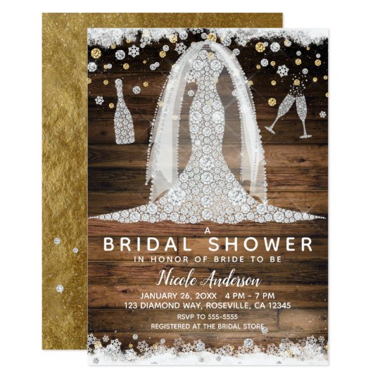 Rustic Diamond Wedding Dress Gold Bridal Shower Invitation