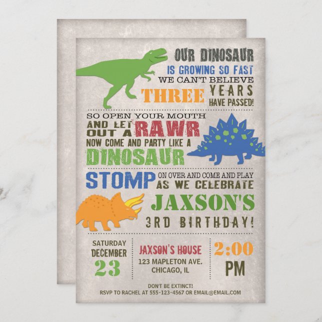 Rustic dinosaur birthday invitation boy first 1st (Front/Back)