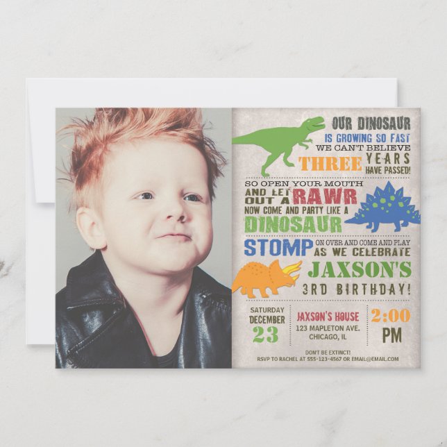 Rustic dinosaur birthday photo boy first 1st invitation (Front)