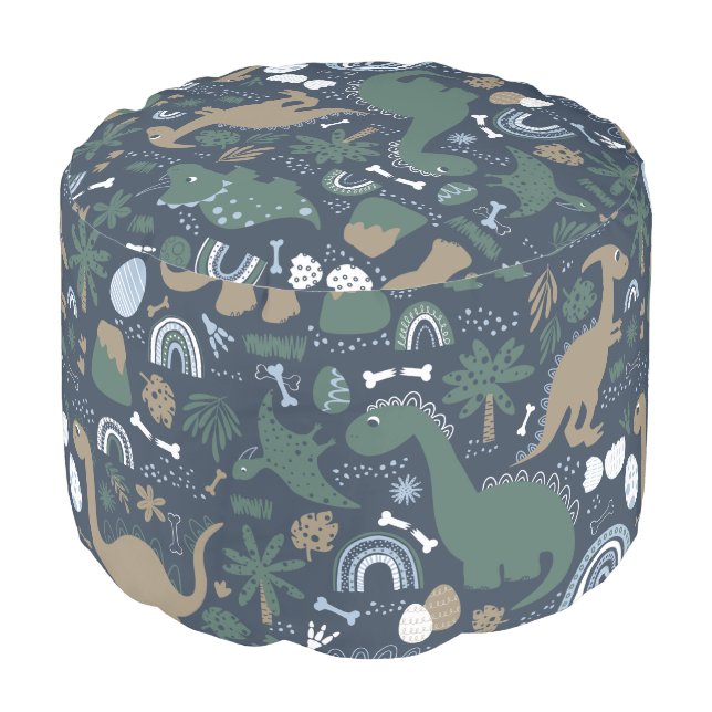 Rustic Dinosaur Forest Prehistoric Kids Pouf (Angled Front)