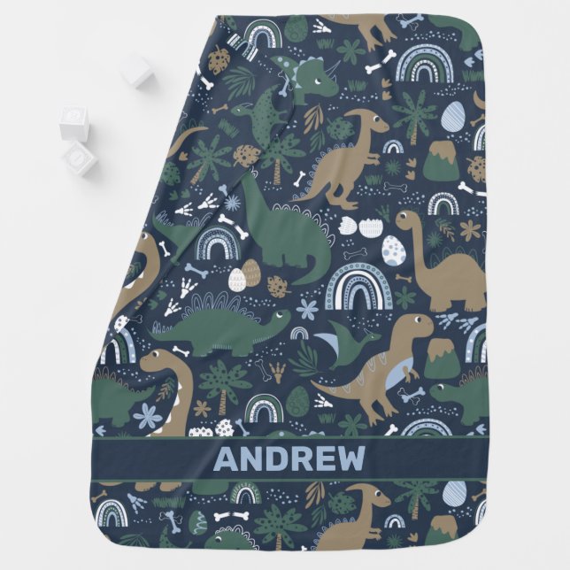 Rustic Dinosaur Forest Prehistoric Personalized Baby Blanket (In Situ)
