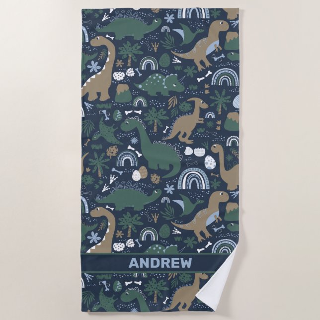 Rustic Dinosaur Forest Prehistoric Personalized Beach Towel (Front)