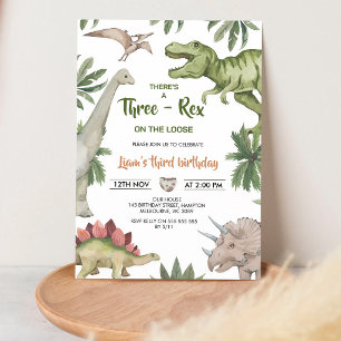 Rustic Dinosaur Three-Rex Third Birthday Invitation