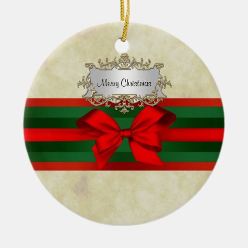 Rustic Distressed 2 Red  Green Ribbon Christmas Ceramic Ornament