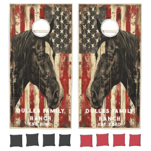 Rustic Distressed American Flag and Horse Ranch Cornhole Set