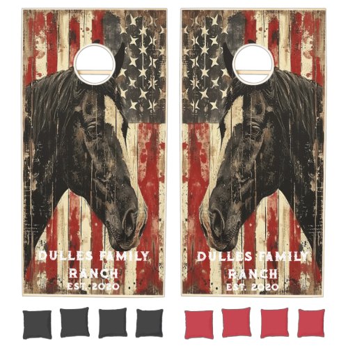 Rustic Distressed American Flag and Horse Ranch  Cornhole Set