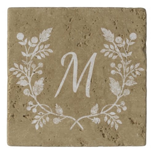Rustic Distressed Beige Floral Wreath Personalized Trivet