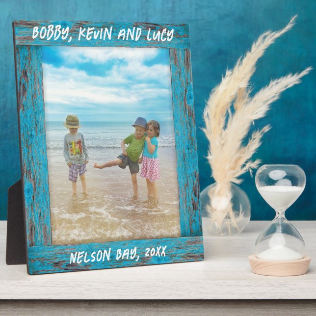 Rustic Distressed Blue Beach Wood Text Photo Plaque (Side)