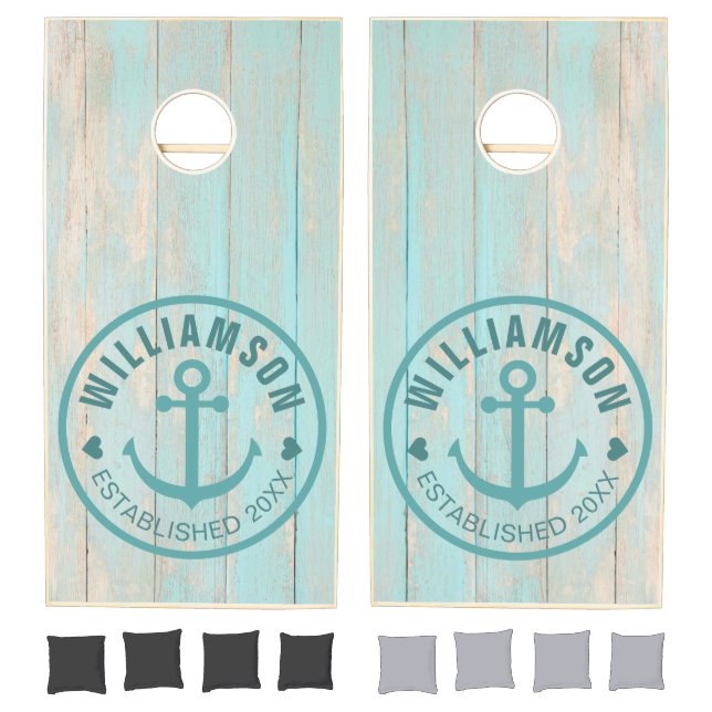 Rustic Distressed Blue Wood Anchor Family Name Cornhole Set (Set)