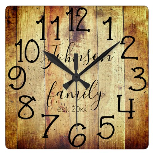 Rustic Distressed Faux Wood Custom Family Name Square Wall Clock