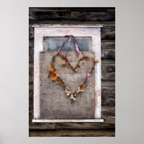 Rustic Distressed Heart Wreath on Old Wood Board Poster