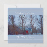 Rustic distressed red barn in winter snow holiday card
