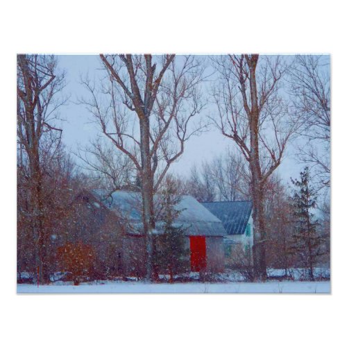 Rustic distressed red barn in winter snow holiday photo print