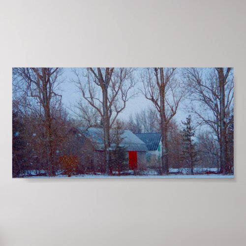 Rustic distressed red barn in winter snow holiday poster