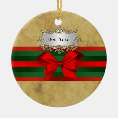 Rustic Distressed Red  Green Ribbon Christmas Ceramic Ornament