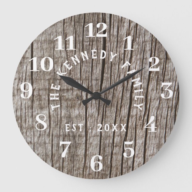 Rustic Distressed  Wood Family Name Farmhouse Large Clock (Front)