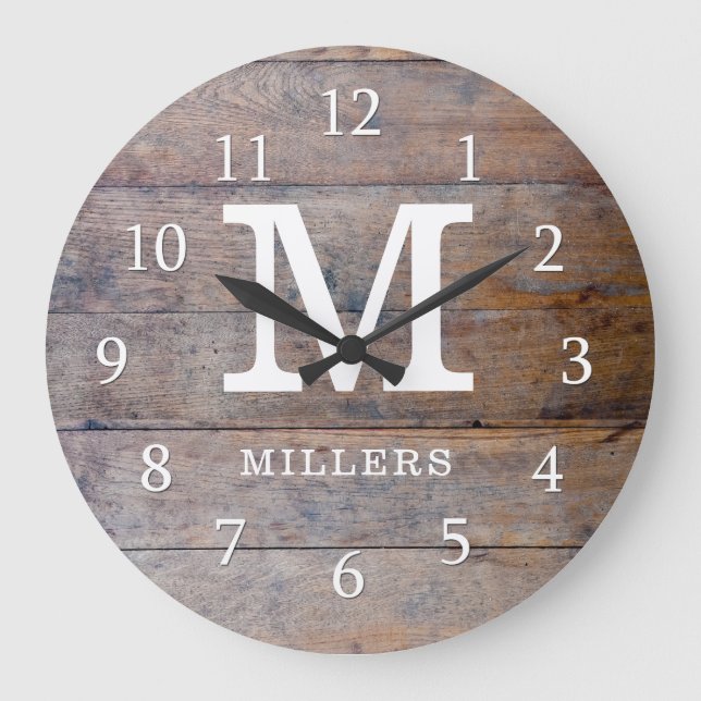 Rustic Distressed Wood Family Name Monogrammed Large Clock (Front)